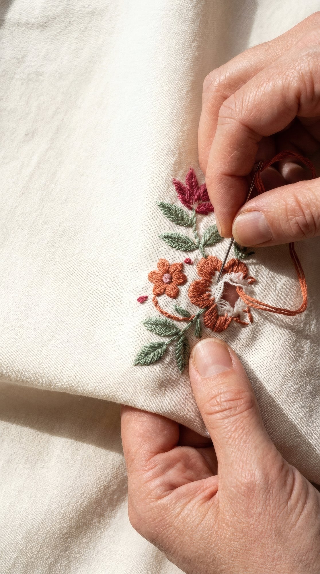 Mano che ricama un fiore su tessuto naturale